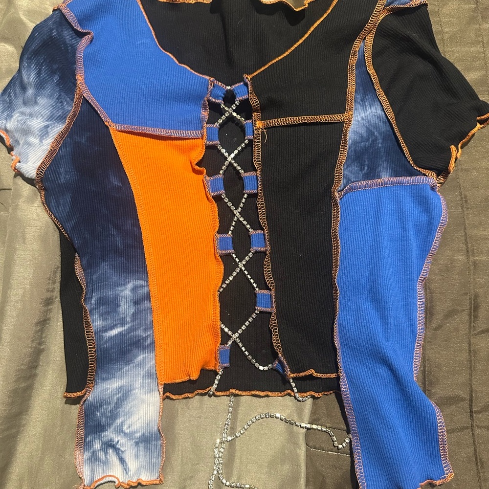 SHEIN Asymmetrical Blue and Orange Cut Out Tee